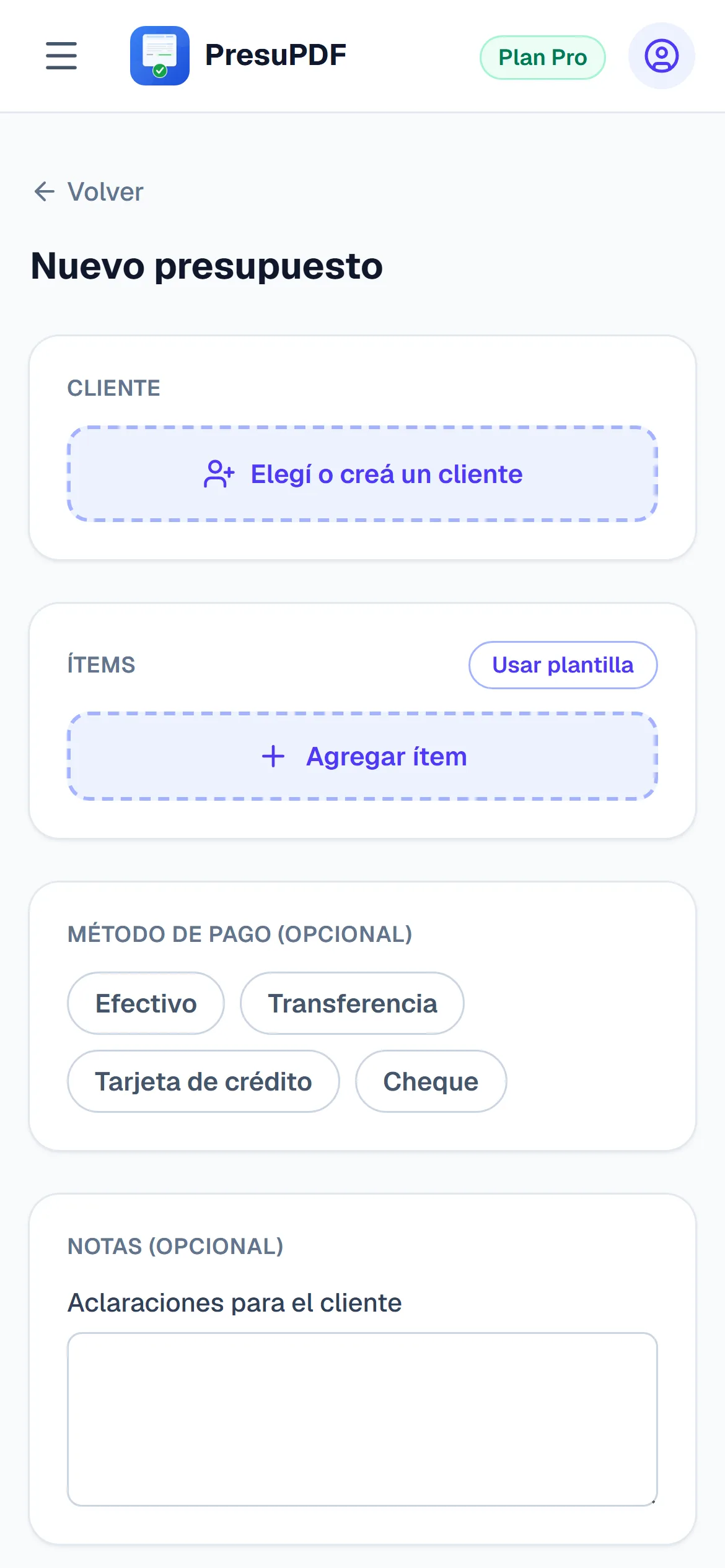 Pantalla de creación de un nuevo presupuesto en PresuPDF desde el celular